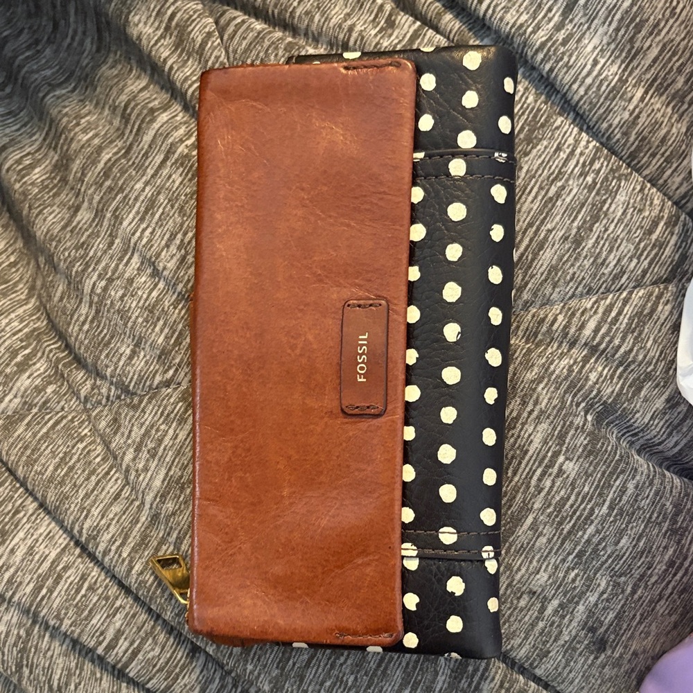 Fossil Leather Wallet with Black and White Polka Dots
